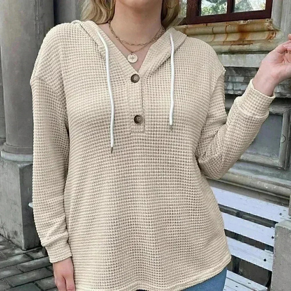 Casual Half Button Drop Shoulder Drawstring Hoodie Apricot - Picture 6 of 6